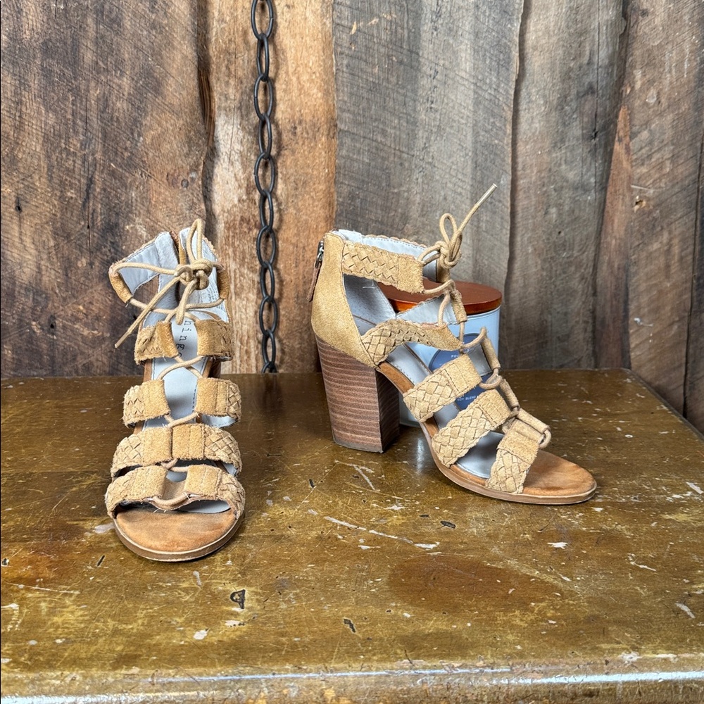 Hinge Tan Woven Lace-Up Block Heel Sandals